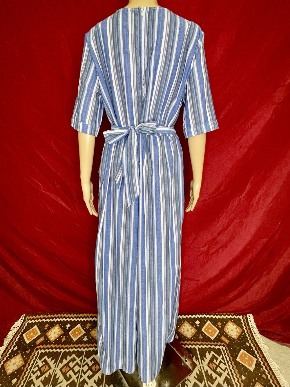 Avenue Blue Striped Tie Waist Linen-Like Cropped Wide Leg Jump Suit size 16 - Picture 5 of 7